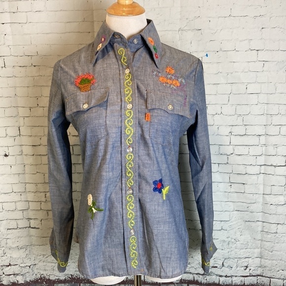 Levi’s Embroidered Chambray Shirt Vintage 70s S Hippie Western Cowboy Rockabilly - Picture 1 of 16